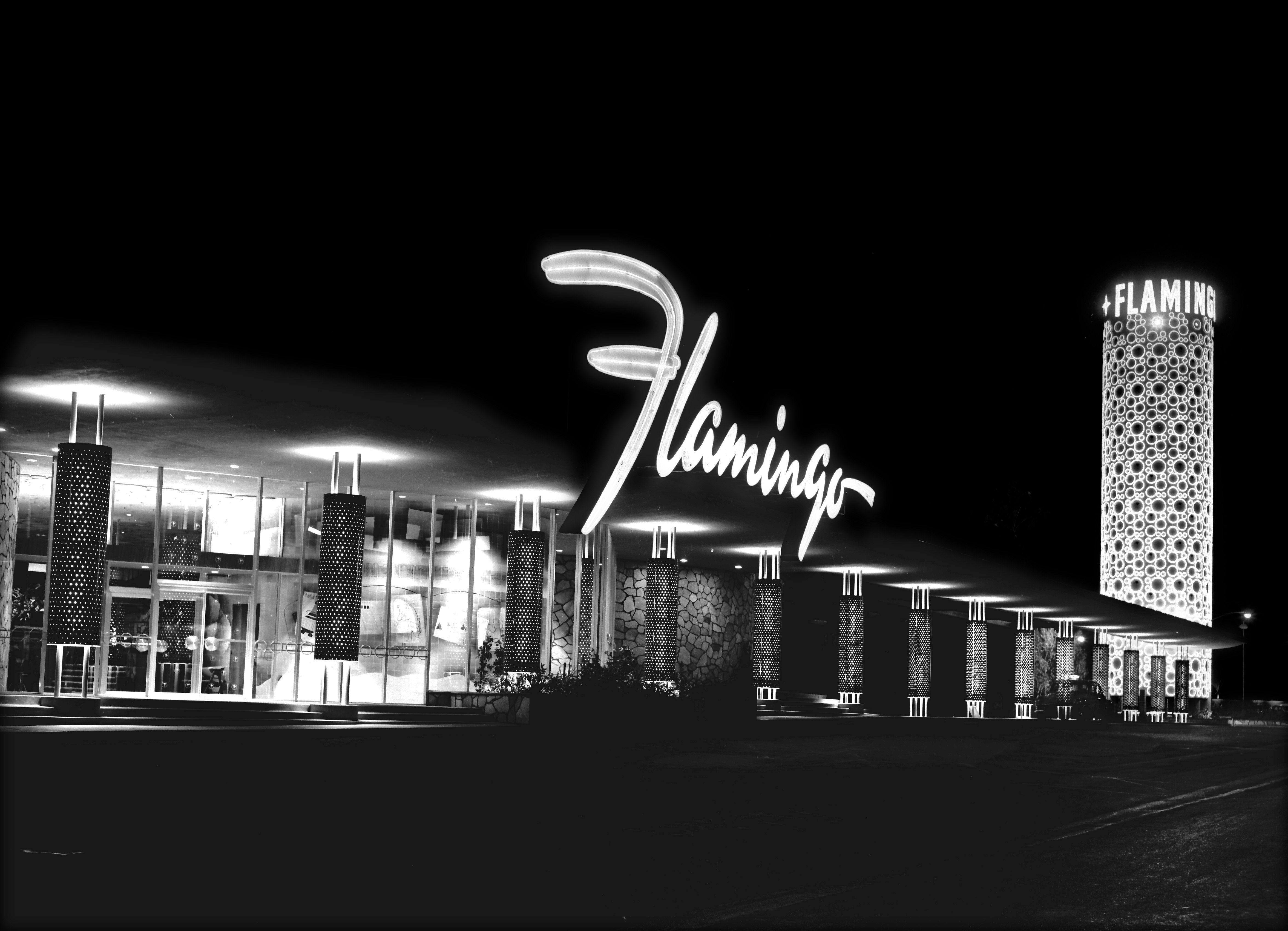 The Flamingo Casino, as it looked in 1953, was the third resort to open on the strip. Harrah's acquired the Flamingo brand with its purchase of Caesars Palace in 2005.