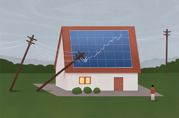 Illustration of a house with broken solar panel on its roof appearing to be a graph showing rising costs