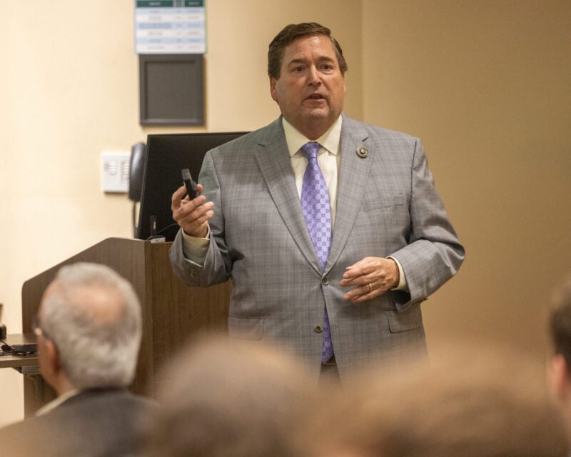 Photo of Billy Nungesser speaking to students in a Freeman School classroom.