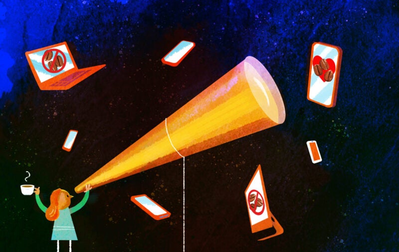 Illustration depicting a consumer looking through a telescope at preexisting beliefs while ignoring conflicting facts. 